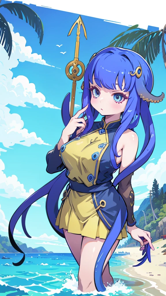 Beach Background，Huge girl，Octopus Girl，Blue Hair，Octopus hair，Tentacle hair，Tentacle Arm，Tentacle hair，Tentacle hair，Suction Cup Hand，Suction Cup Hand，There are no palms，Brachiopod Arm，Octopus hands，Tentacle arm，Octopus Girl，Giant girl，Giant女孩，cute，Giant女孩，Blue Skin，Blue and white skin，Big breasts，Big Ass，Lower body soaked in the sea，几十米高的Huge girl，Octopus Girl，Giant女孩，Giant，Giant，Seaside background，Town Background，High-rise buildings，Street background，Close-up above the waist，Skirt，触手Skirt，章鱼Skirt