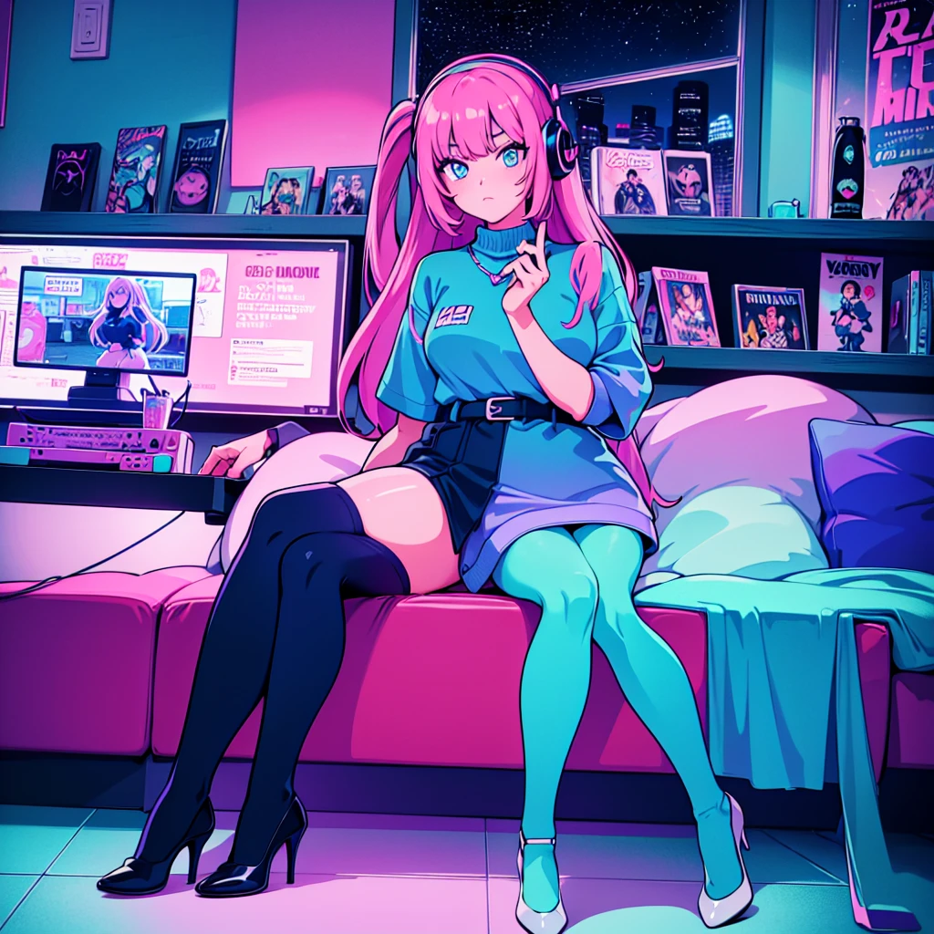 (masterpiece), Highest quality, Expressive eyes, Neon pastel aesthetics, Retro 90s, Neon color,((Girl sitting on sofa,In a cozy room,Records hanging on her wall, Comic books on the floor, Looking out the window behind her at the night city, Upholstered room, Anime figures lined up on a shelf)), Wearing headphones, (All around her it sparkles), (Wearing high socks and heels), (blue eyes), (Soft look), (Synthwave Art Style), Colorful Hair, Desk with PC set up