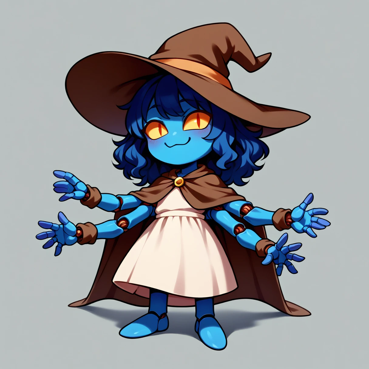 score_9, score_8_up, score_7_up, score_6_up, BREAK simple background,slit pupils, chibi, :3,necoarc, IncrsXLRanni,wavy hair, cracked skin, blue skin, colored skin, (extra arms:1.3), extra faces, doll joints,white dress, witch hat, brown cloak,