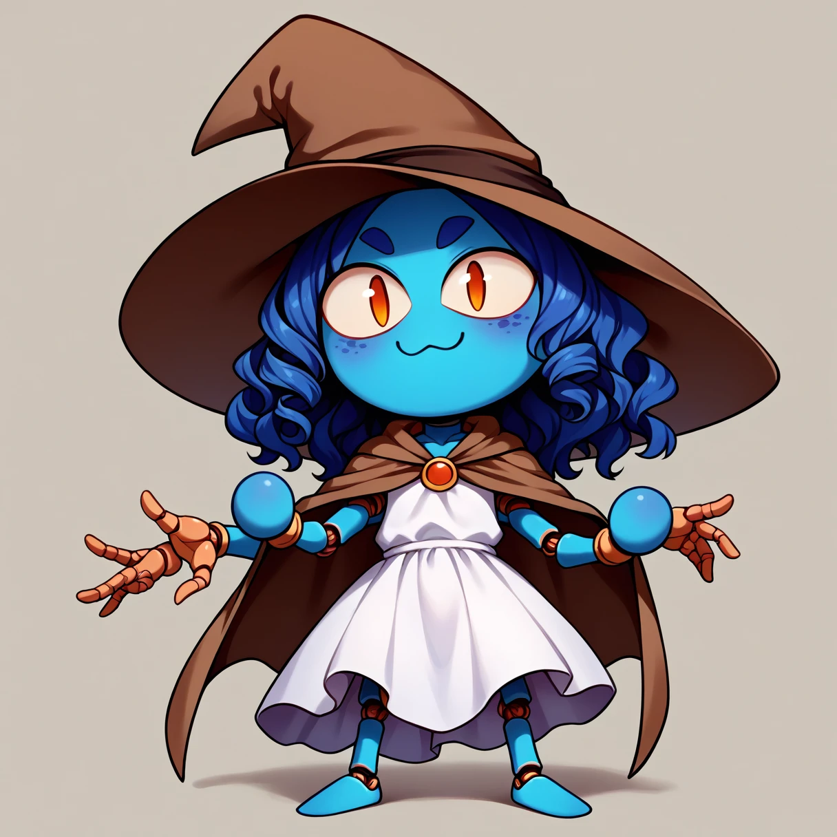 score_9, score_8_up, score_7_up, score_6_up, BREAK simple background,slit pupils, chibi, :3,necoarc, IncrsXLRanni,wavy hair, cracked skin, blue skin, colored skin, (extra arms:1.3), extra faces, doll joints,white dress, witch hat, brown cloak,
