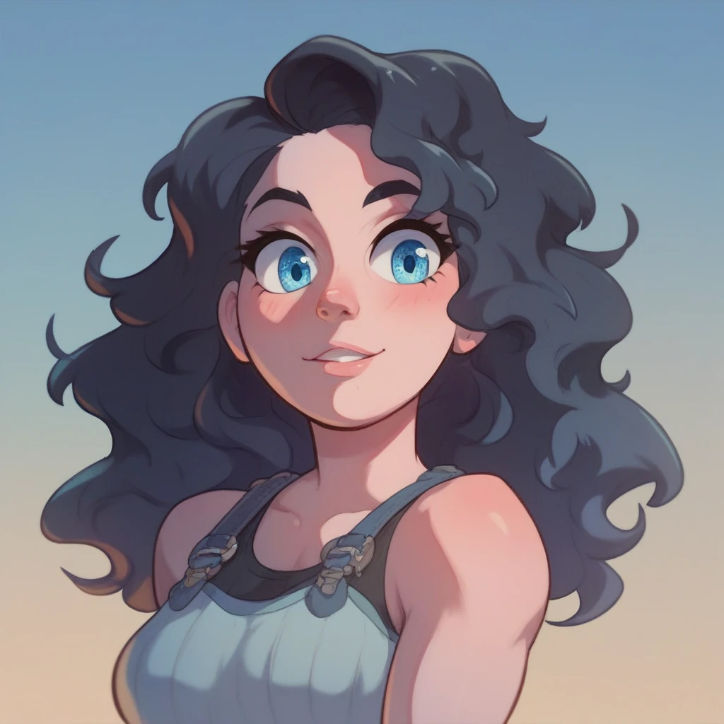 Ralph Bakshi Style, Curvy blue eyed girl with long wavy black hair and small breasts, clowngirl