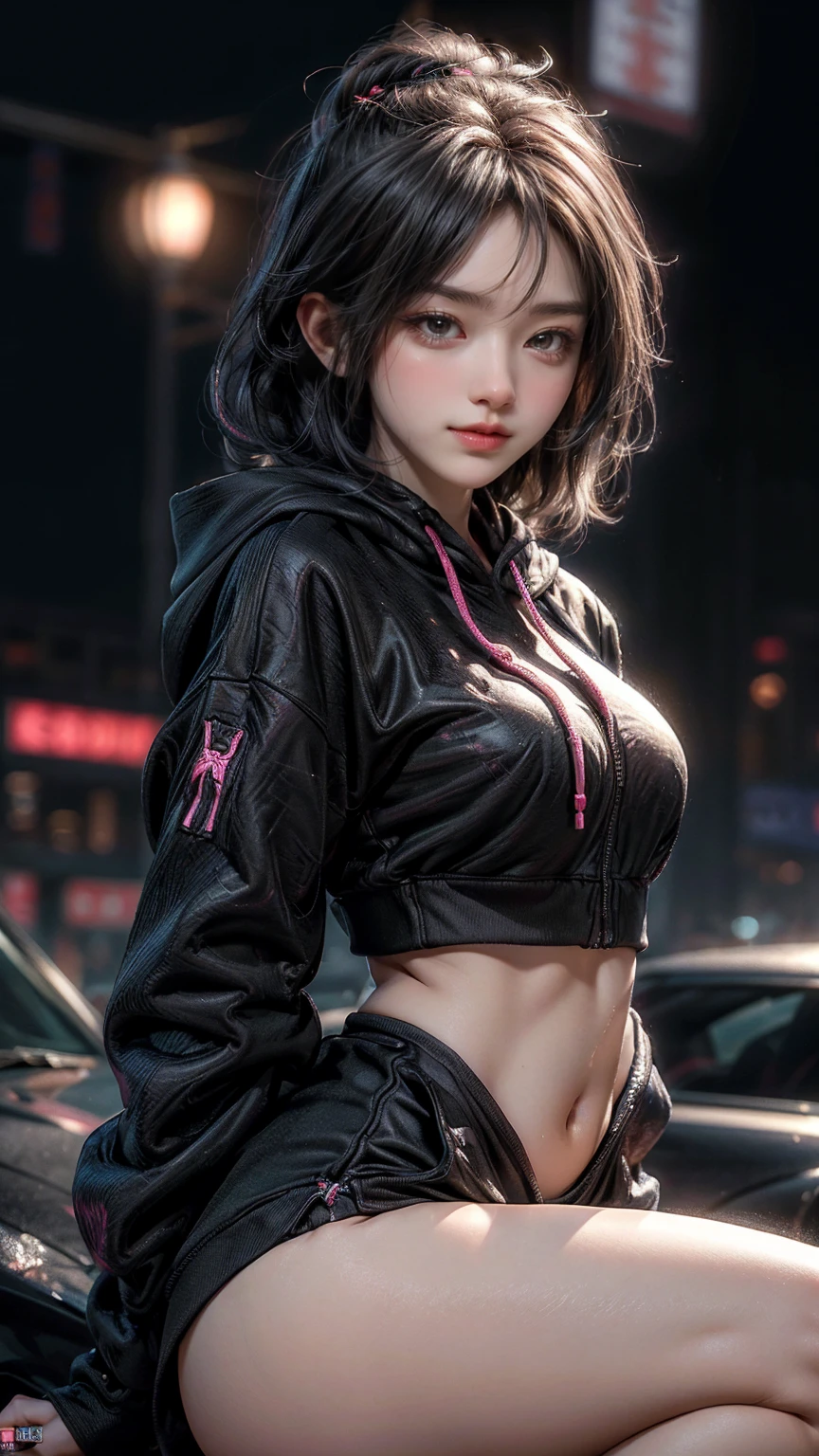 ((masterpiece, 最好of质量, Highest image quality, high resolution, Reality, RAW photos, 8K)), Ultra wide angle, girl, (Lower Bust:1.4),Big sagging breasts、(Smile:1.5),Colored undercoat,长长of灰白头发:1.5,蓬乱of长发:1.35,Black long hair,复杂of发型,(((neon_粉色of_With eyes:1.3))),复杂of眼睛,美丽而精致of眼睛,Symmetrical eyes)),(Lower abdomen,Willow Waist,Wide hips,Athlete physique detailed subject), 可爱of大乳房,of,((((Cropped Hoodie,)))), (Dynamic poses:1.0),Just focus,Embarrassing,(Centrally located,Scale to Fit,Rule of Thirds), Neon lights are particularly eye-catching, very bright neon light,at night, starry night, universe, Art Photography,(Photo by sldr),high resolution, Focus, (写实of艺术品:1.37),(extremely detaildof CG unified 8k wallpapers),((Synthwave Background Theme)),(((Bright colors))),complex,(complexof背景),(tmasterpiece),(最好of品质),Itof a perfect face,完美of面部细节,逼真of脸,Live photos,Analog style,((复杂of细节)),(((实际of))),