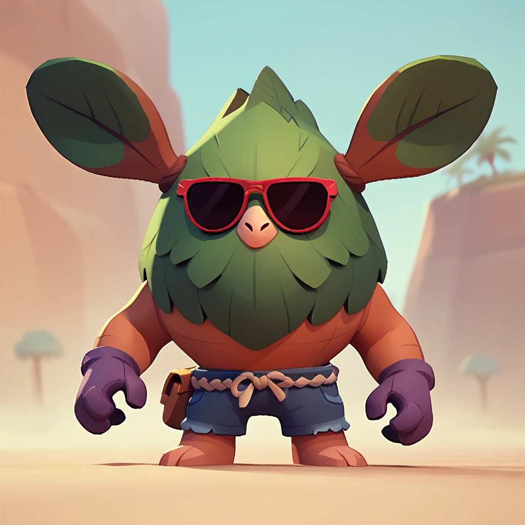 a creature resembles a living tree trunk, wearing sunglasses, wearing shorts and purple gloves