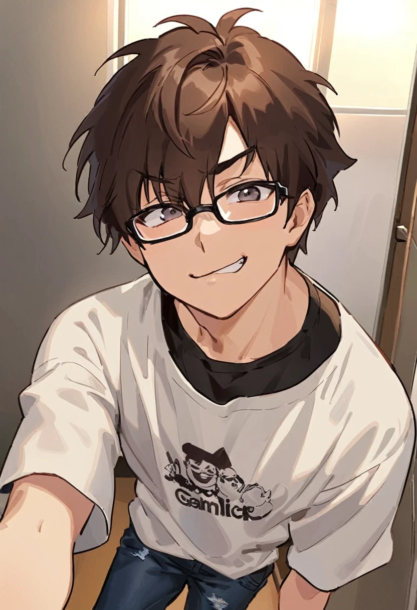 Manga cover style, detailed. best quality, art, detailed face, in the style of lora marvin. Alaric Vitalle, 26 years old, is a young intellectual with an unkempt and authentic appearance. His dark brown hair is always messy and he wears thick-rimmed glasses that give him a nerdy look At 1.74 m tall, Alaric has a thin build and a relaxed Her skin is slightly pale with dark circles due to long hours of writing and gaming. Prefers simple clothes, such as anime t-shirts, worn jeans and comfortable sneakers Has a small scar on his left eyebrow His expression usually displays slight skepticism or sarcasm