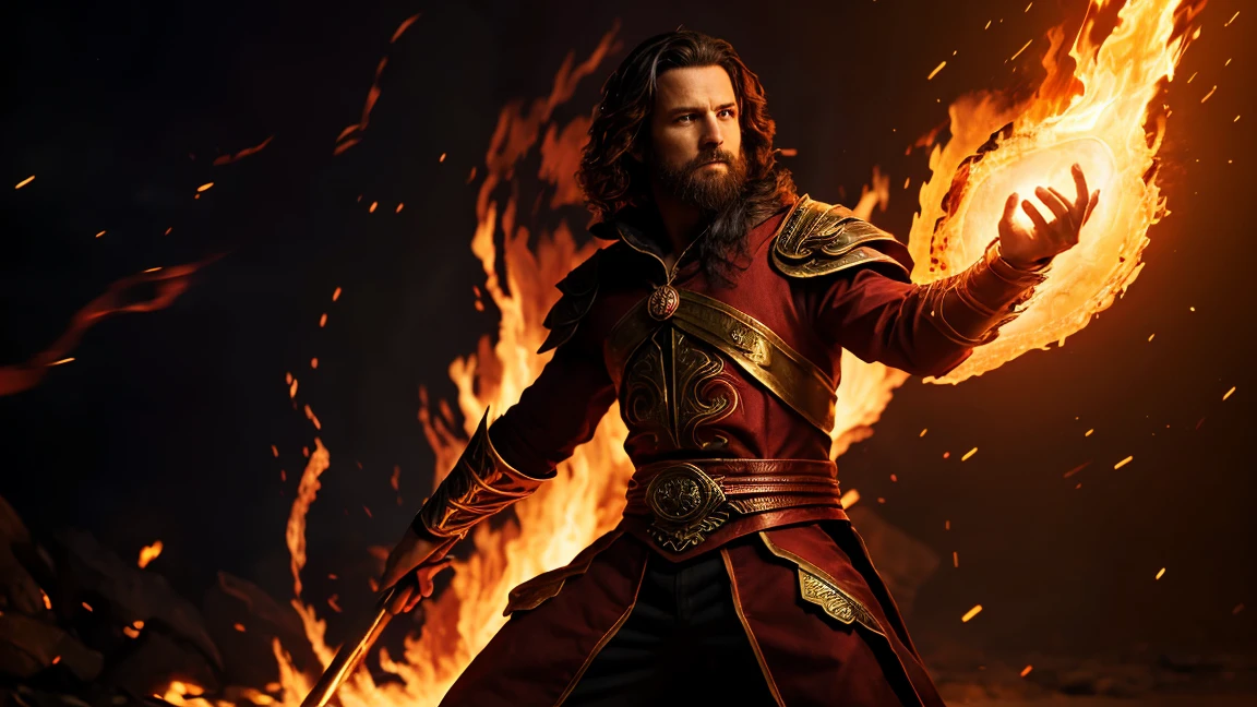 Create a realistic, detailed scene of a sorcerer at the center, conjuring a swirling vortex of intense fire magic. The sorcerer is surrounded by fiery rings and flames that illuminate the dark, chaotic background. The flames should be dynamic, with sparks and embers flying around, emphasizing the power and intensity of the fire magic. The sorcerer's stance is commanding, with the energy of the fire reflecting off his armor and figure. Ensure vivid textures, accurate proportions, and coherent lighting to highlight the dramatic and powerful nature of the fire magic.