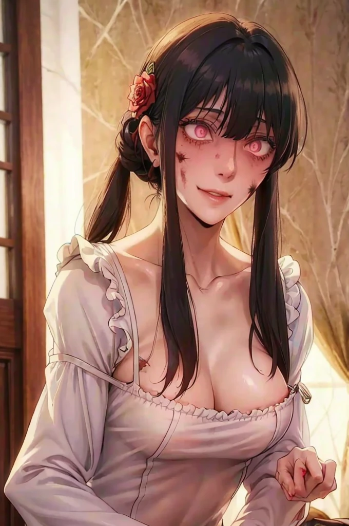 best quality, masterpiece, highly detailed,1girl, ((rose)), (vine), cage, bandage, red rope, (detail light), falling rose petals, Boa Hancock, , (masterpiece:1.5), Detailed Photo, Smiling, Sexy, (8K, Best Quality: 1.4), (1girl), Beautiful Face, (anime realistic Face), (Black Hair, long Hair: 1.3), Beautiful Hairstyle, Realistic eyes, beautiful detail eyes, (white skin), beautiful skin, absurd, attractive, ultra high resolution, ultra realistic, high definition, golden ratio, (sexually aroused:1.5), Pinkish white skin, cool white light, sexy pose, Beautiful , white background, pink soft white light, Wear a white dress, sexy, black lace bra, (zombie girl:1.4), (breeding:1.6), (cute dead girl:1.5), (deadly eyes:1.8), (Eyes without sparkle1.7), pale skin, dead body, no life, (lifeless:1.5), (Wounds on the body:1.6), (dribbling:1.5), (red blood on body:1.3), (Bruise on the body:1.4), (nsfw:1.2
