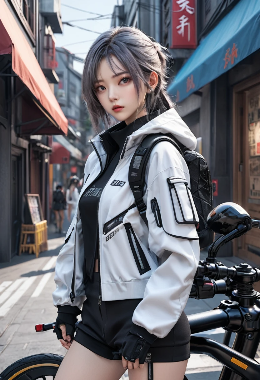 ８K、Very detailed、Wear Techwear Fashion、Stand leaning on the bike、In town、Female Android、Medium chest