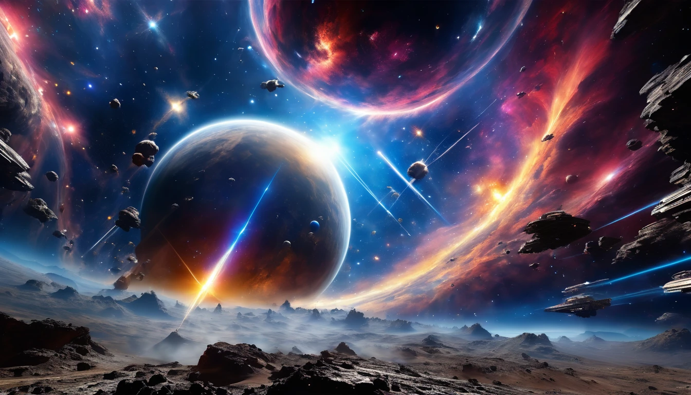 Vast space war、epic space battle、Countless combat robots、Lots of space fighters、Space Battleship、Surreal、Manga Style、宇宙に巨大なSpace Battleshipが浮かぶ、(Celestial Nebula:1.9)、Mysterious cosmic energy、Dramatic lighting、Surreal、Cinematic、Bright colors、Dramatic Chiaroscuro、Volumetric lighting、Realistic、masterpiece、Highest quality、8K、Very detailed、Physically Based Rendering、 EdobHorrorLandscape