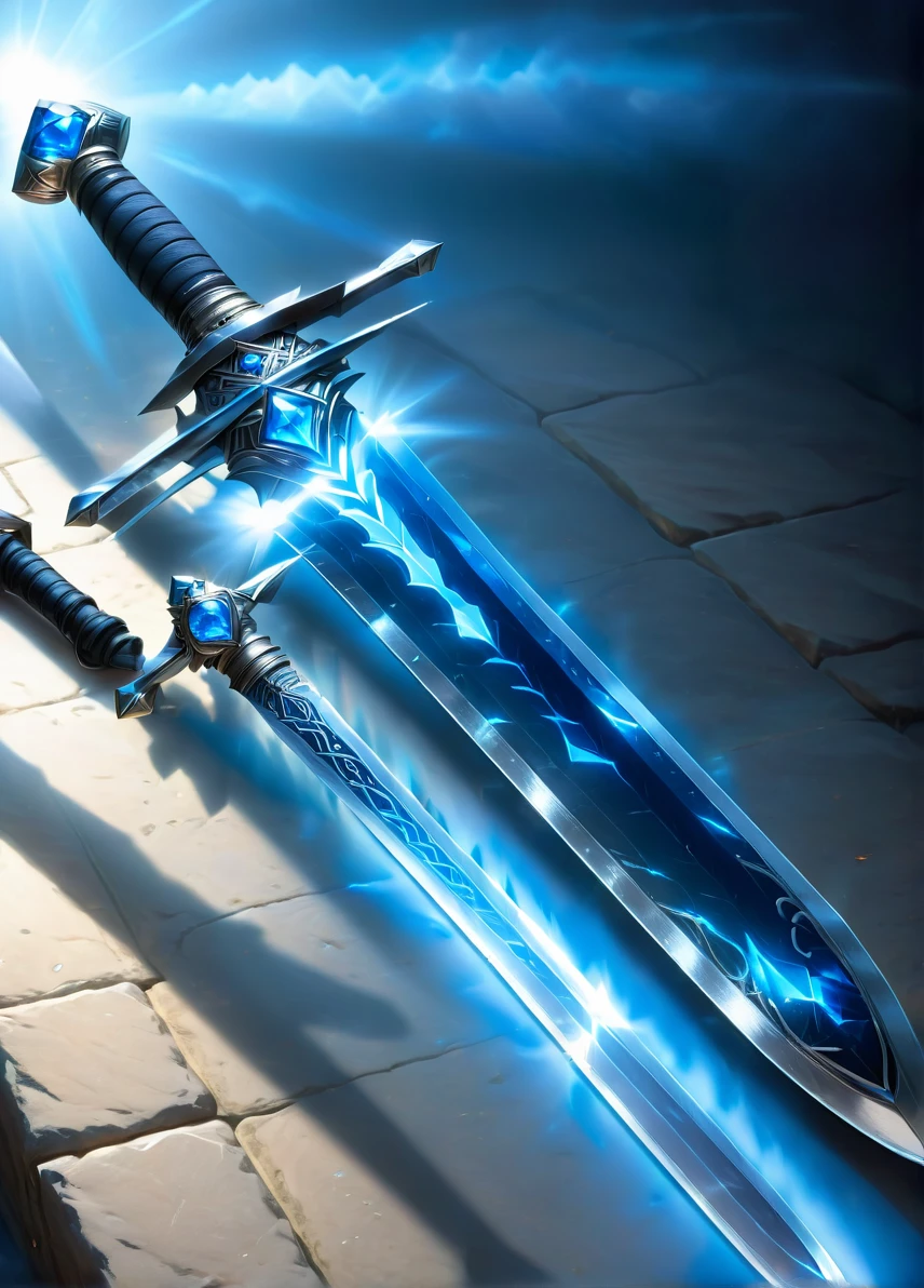sword, (magic long sword with blue stone: 1.6), (silver sword: 1.1), (light blue glow: 1.5), treasure vault background, ((looking at viewer:1.2), (from side:0.8)), volumetric lighting dynamic lighting, real shadows, vibrant contrasting colors, style of Stephen Hickman and Stan Manoukian, ultra realistic, masterpiece, high quality, highres, sharp focus, intricate, sharp details, highly detailed, rich color, 8K,