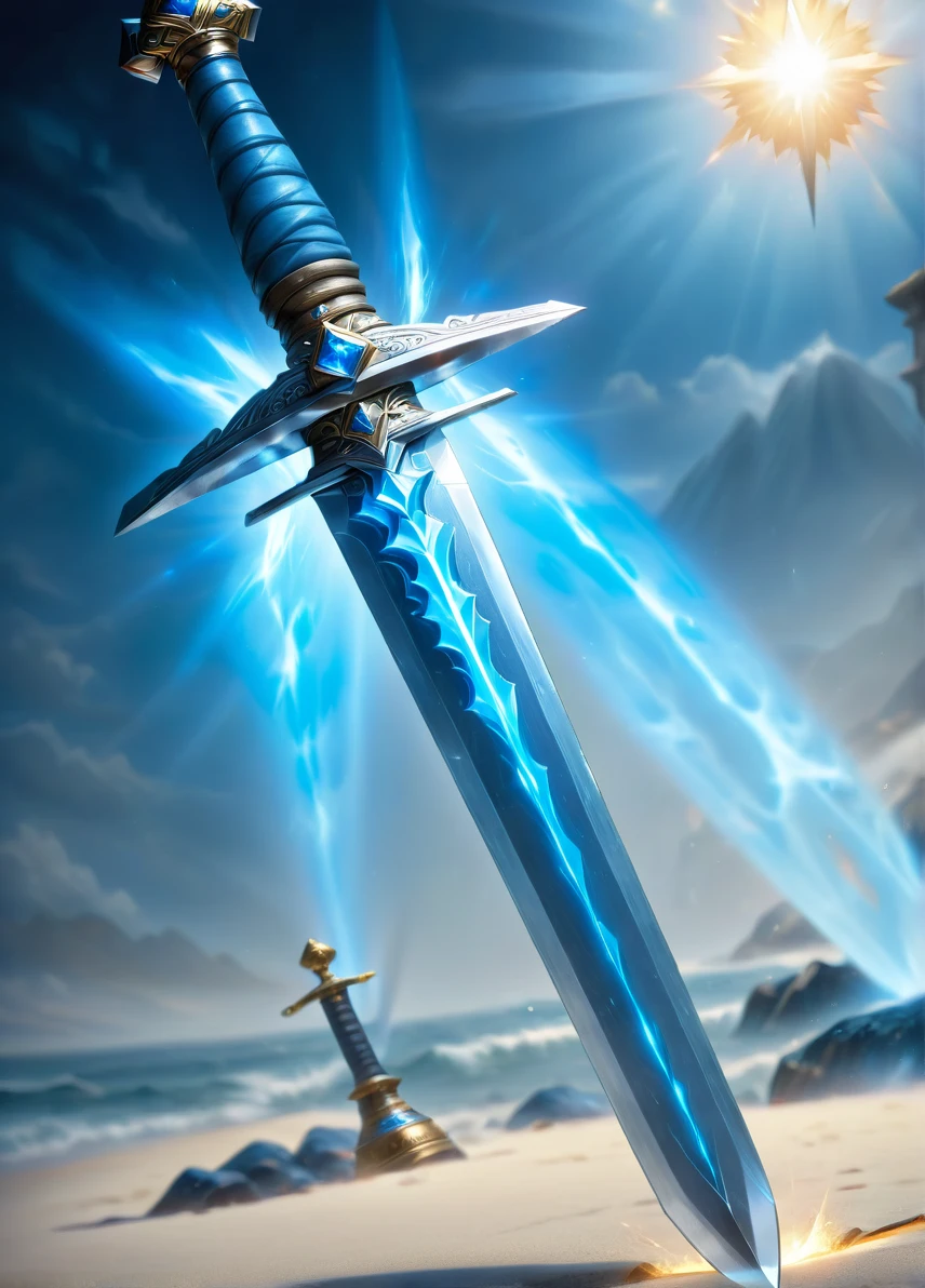 sword, (magic long sword with blue stone: 1.6), (silver sword: 1.1), (light blue glow: 1.5), treasure vault background, ((looking at viewer:1.2), (from side:0.8)), volumetric lighting dynamic lighting, real shadows, vibrant contrasting colors, style of Stephen Hickman and Stan Manoukian, ultra realistic, masterpiece, high quality, highres, sharp focus, intricate, sharp details, highly detailed, rich color, 8K,