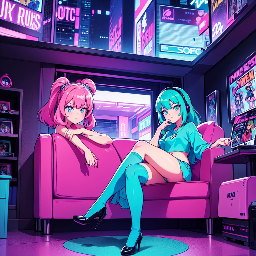 (masterpiece), Highest quality, Expressive eyes, Neon pastel aesthetics, Retro 90s, Neon color,((Girl sitting on sofa,In a cozy room,Records hanging on her wall, Comic books on the floor, Looking out the window behind her at the night city, Upholstered room, Anime figures lined up on a shelf)), Wearing headphones, (All around her it sparkles), (Wearing high socks and heels), (blue eyes), (Soft look), (Synthwave Art Style), Colorful Hair, Desk with PC set up