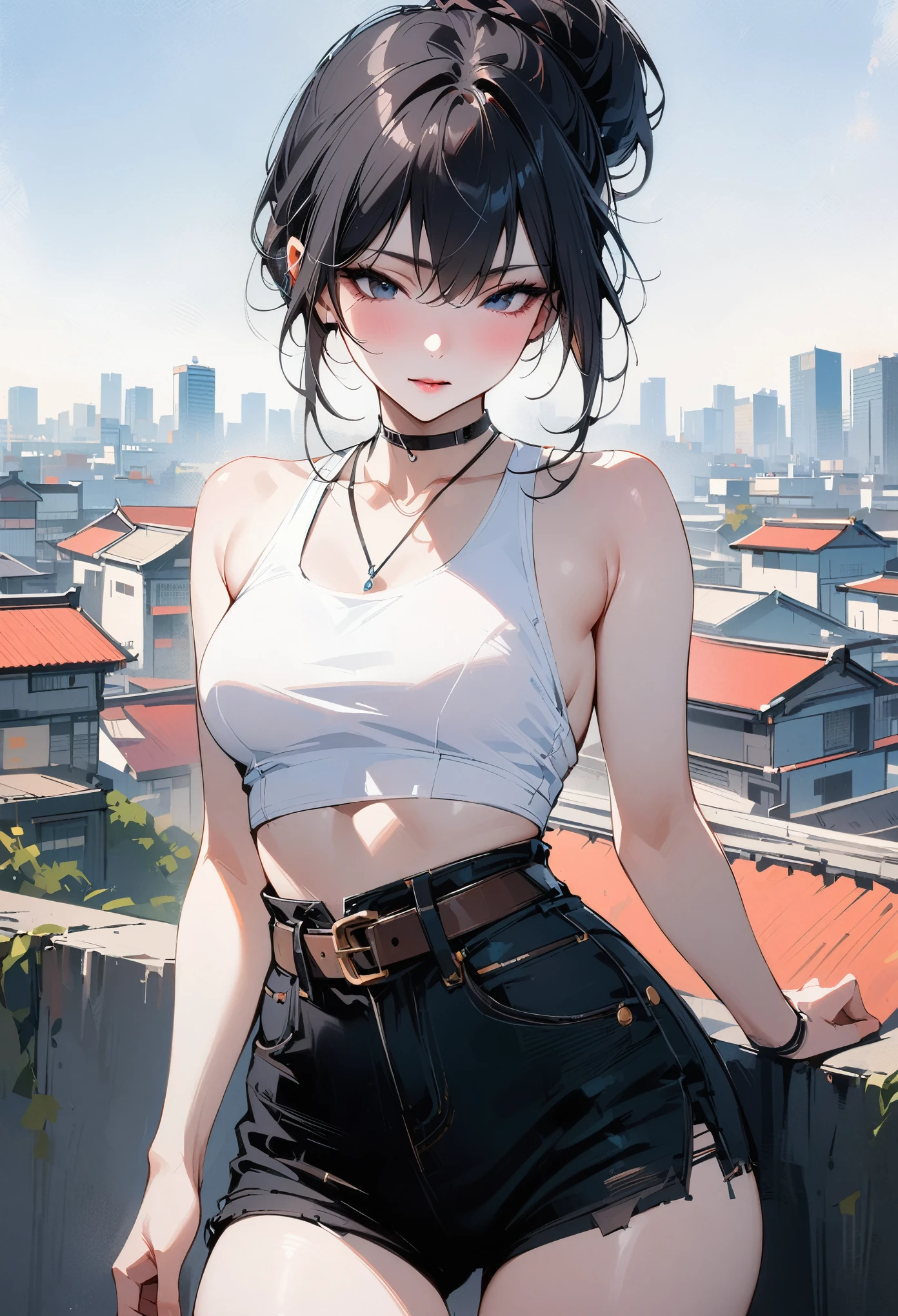 White skin，White skin，white face，white face蛋(masterpiece, best quality:1.2), 1 girl, Solitary , Sexy , (cut off_Jean), White top ,Cowboy shooting, Black Hair ,Hair Bun,  (Tokyo_background) , outdoor