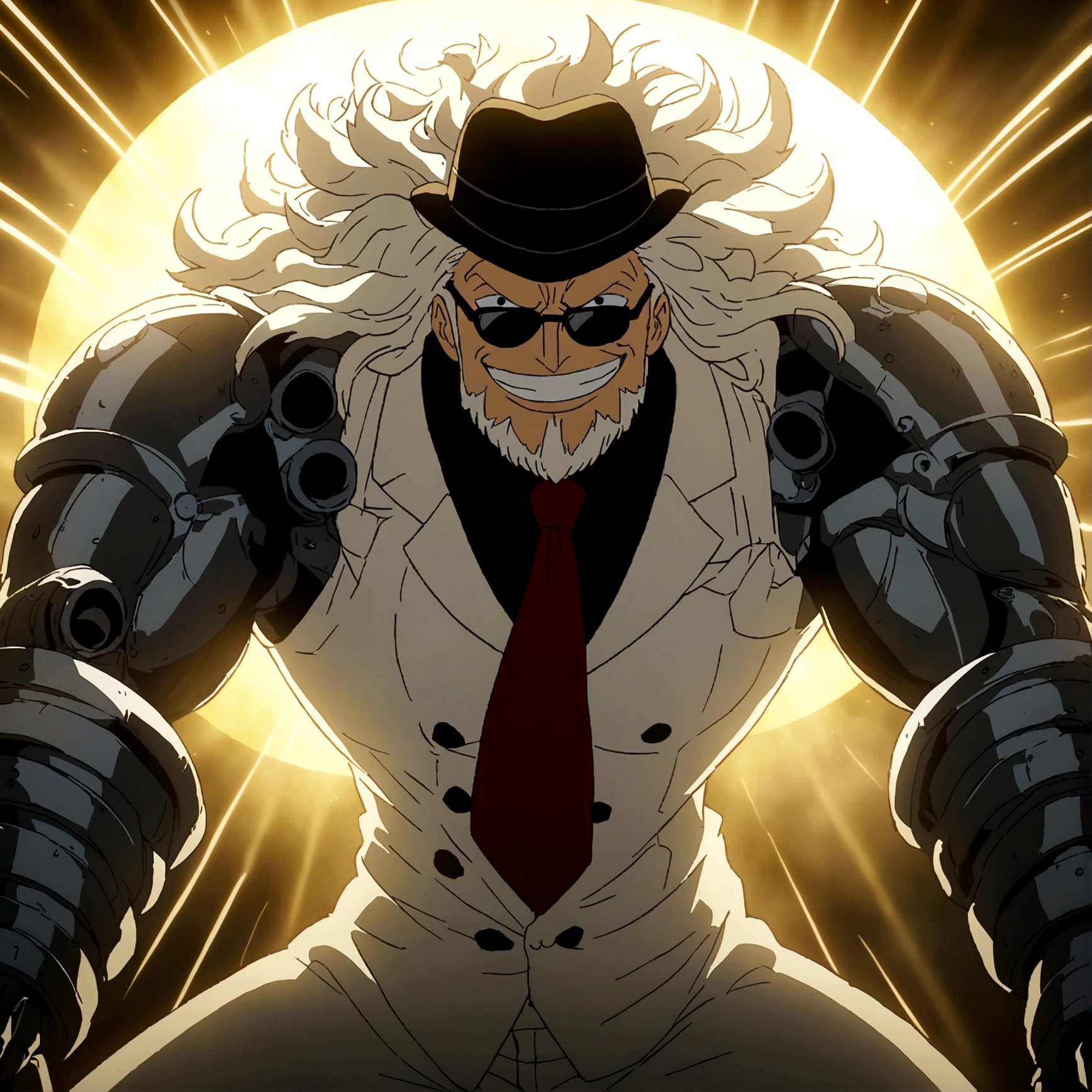 Tall Man, Slightly Muscular Body, Long Messy Hair, White Suit, Red Tie, Black Hat, Sunglasses, Small Beard, Black Gloves, Mad Scientist Smile, Mad Scientist, White Mechanical Arms, Anime Lines Inspired by ONE PIECE, Bathed in Dramatic, Amazing Lighting, Dramatic Lighting, Infused with Creative Details, Ultra-Fine 2D Drawing, Amazing Scenery, Bathed in Creativity, Boasting Anime Resolution Clarity, Anime Graphics, High-Octane Rendering