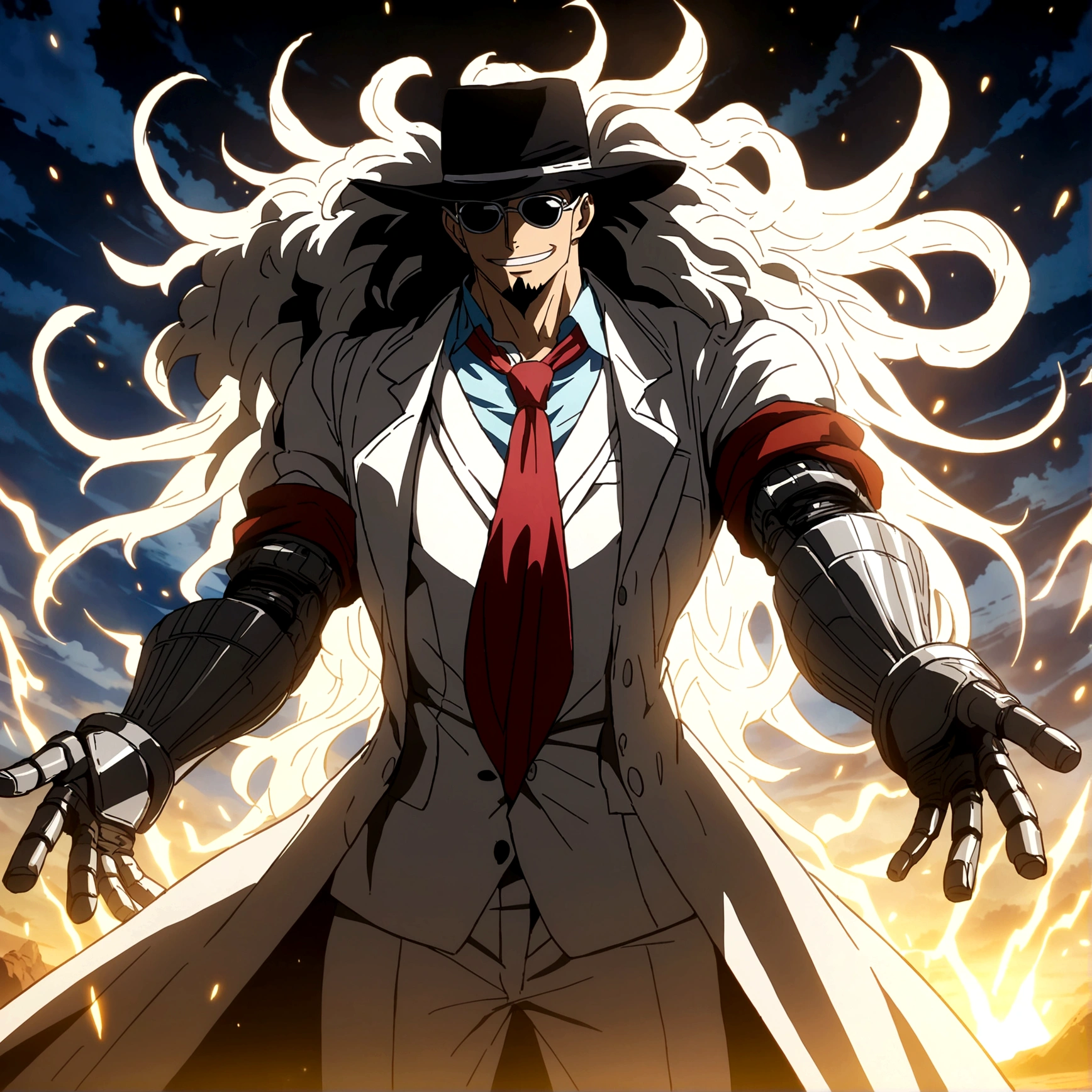 Tall Man, Slightly Muscular Body, Long Messy Hair, White Suit, Red Tie, Black Hat, Sunglasses, Small Beard, Black Gloves, Mad Scientist Smile, Mad Scientist, White Mechanical Arms, Anime Lines Inspired by ONE PIECE, Bathed in Dramatic, Amazing Lighting, Dramatic Lighting, Infused with Creative Details, Ultra-Fine 2D Drawing, Amazing Scenery, Bathed in Creativity, Boasting Anime Resolution Clarity, Anime Graphics, High-Octane Rendering