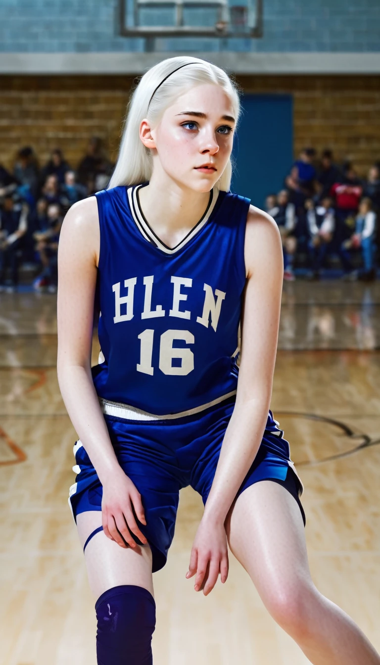 Basketball player,  16 year old girl with white hair, white skin and blue eyes, with a bad face