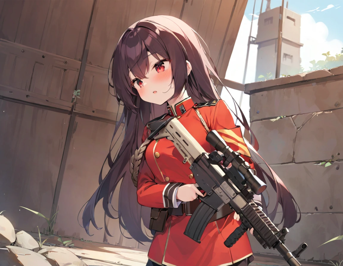 tank、tankに乗り込む乳首がたっている巨乳少女、A small-breasted girl in a bright red military uniform、Girl with assault rifle