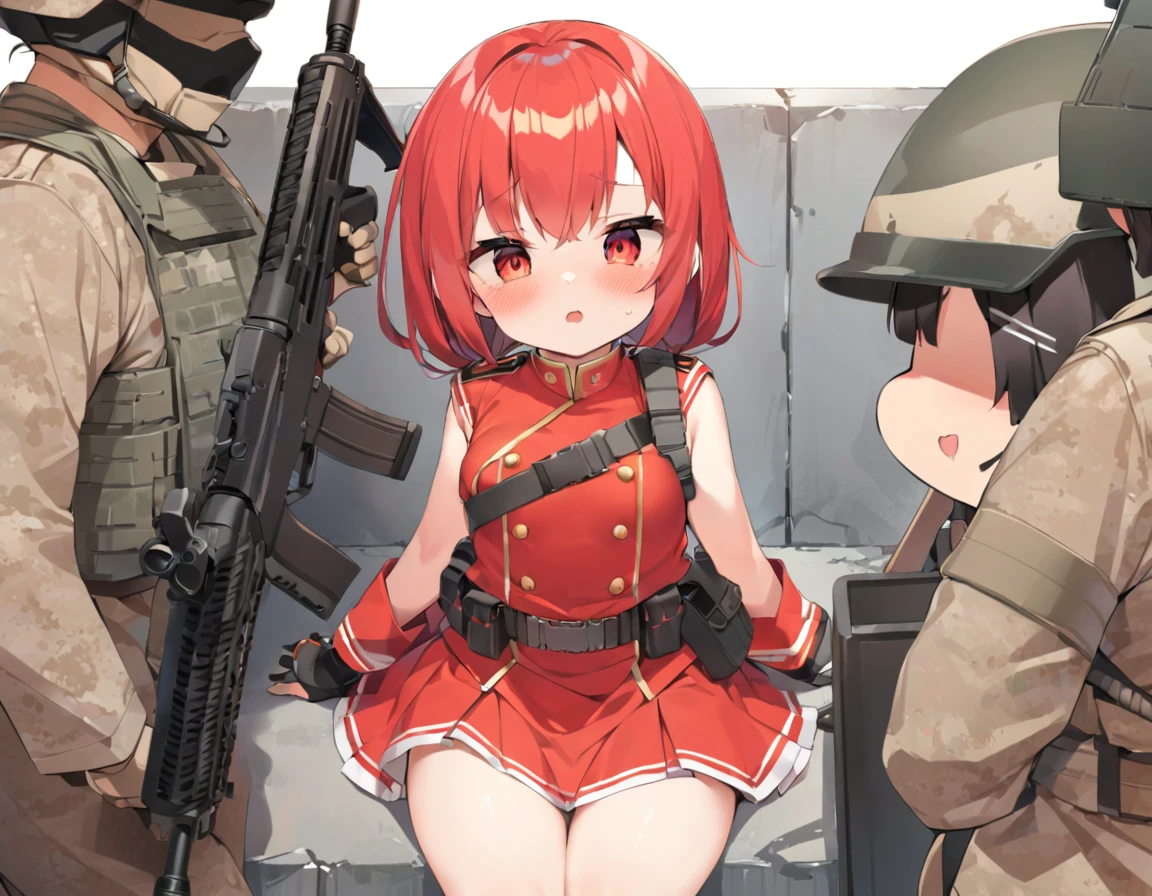 tank、tankに乗り込む乳首がたっている巨乳少女、A small-breasted girl in a bright red military uniform、Girl with assault rifle