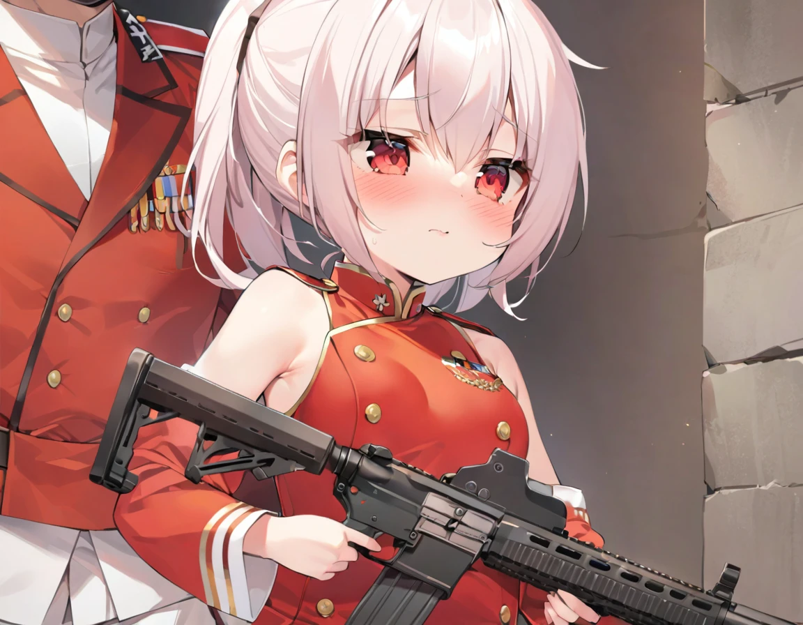 tank、tankに乗り込む乳首がたっている巨乳少女、A small-breasted girl in a bright red military uniform、Girl with assault rifle