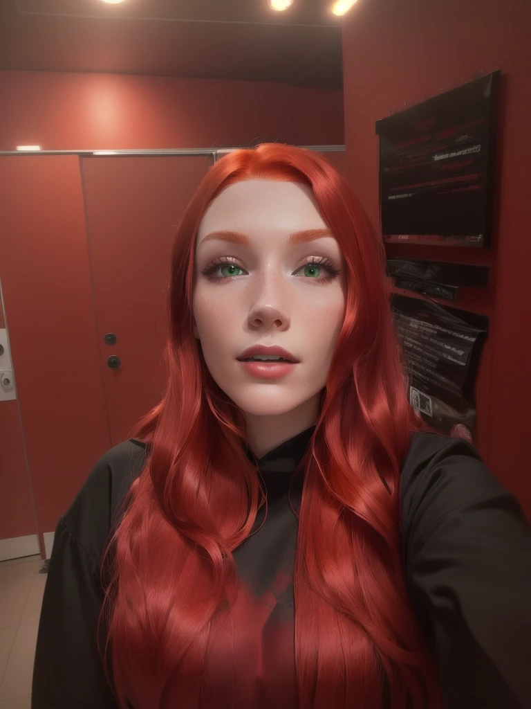 there is a woman with Red hair and a black shirt, with Red hair, frontal photography, 🤤 Portrait of a girl, 8 k selfie photograph, red head, selfie of a young woman, 8 k)), Red hair, with long Red hair, Anna Nikonova, bare chest, aka Newmilky, red dyed hair, with Red hair and green eyes, The picture is very, very low quality