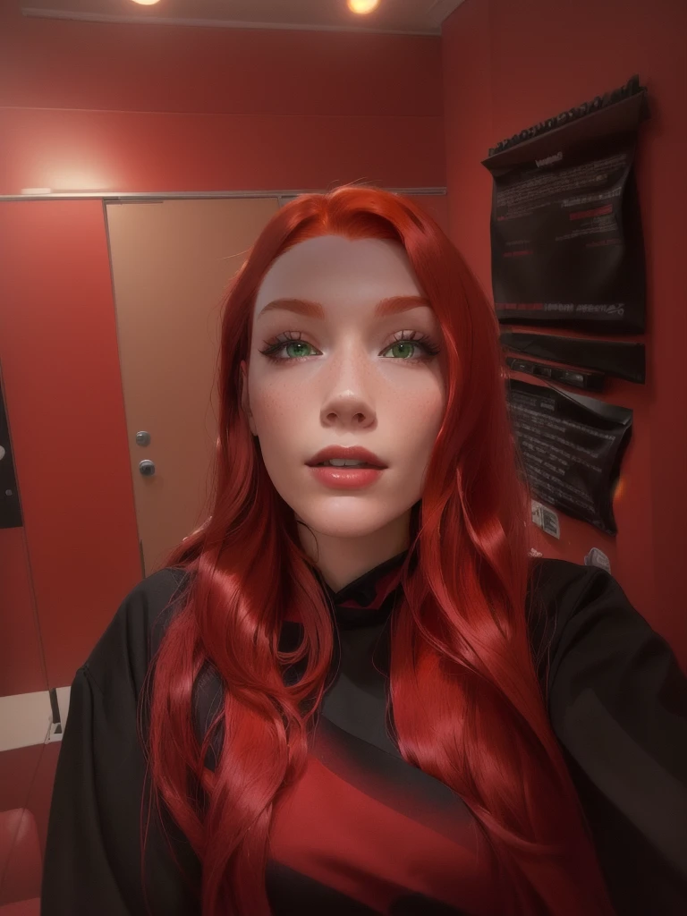 there is a woman with Red hair and a black shirt, with Red hair, frontal photography, 🤤 Portrait of a girl, 8 k selfie photograph, red head, selfie of a young woman, 8 k)), Red hair, with long Red hair, Anna Nikonova, bare chest, aka Newmilky, red dyed hair, with Red hair and green eyes, The picture is very, very low quality