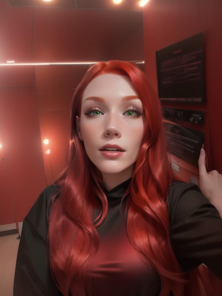 there is a woman with Red hair and a black shirt, with Red hair, frontal photography, 🤤 Portrait of a girl, 8 k selfie photograph, red head, selfie of a young woman, 8 k)), Red hair, with long Red hair, Anna Nikonova, bare chest, aka Newmilky, red dyed hair, with Red hair and green eyes, The picture is very, very low quality