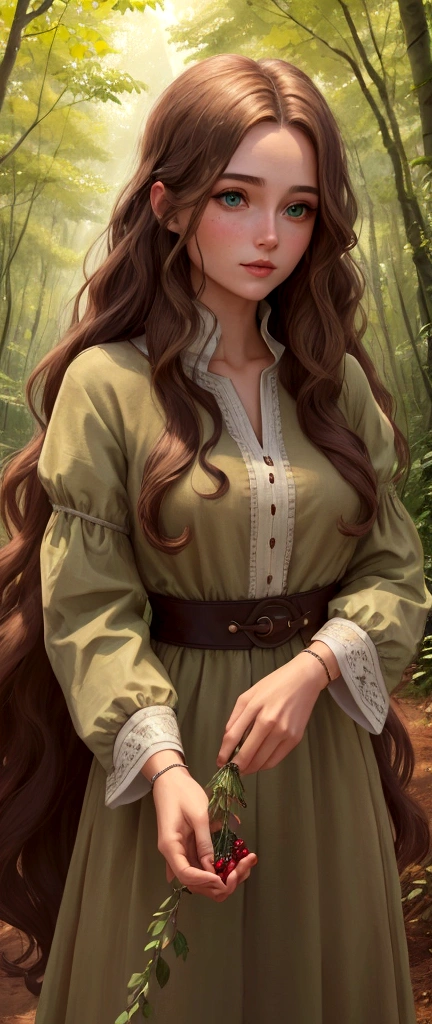 good quality:1.2), (Ultradetailed:1.2), (ultradetailed face:1.2), (ultradetailed body:1.2) Elara, a human woman with long, wavy brown hair and green eyes, is seen in the village forest, carefully picking herbs and berries amidst the serene surroundings, dressed in simple, earth-toned clothing reflecting her humble lifestyle