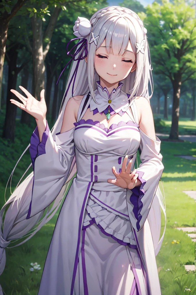 (masterpiece:1.3), (best quality:1.1), (8k, ultra detailed, ultra high res:1.2), ((anime style)), perfect 5 fingers, perfect anatomy, 
1girl,
emilia\(re:zero\),
long hair, low-tied long hair, braid, crown braid, 
white hair, 
(shutting eyes:1.2), 
(pointy ears:0.8), 
flower, hair flower, hair ornament, hair ribbon, white flower, x hair ornament, 
BREAK medium breasts, 
dress, pink dress, bare shoulders, detached collar, long sleeves, shoulder cutout, wide sleeves, white sleeves, 
(smile:1.2), 
looking at viewer, 
upper body,  
BREAK standing, (Waving gesture:1.2), outdoor, forest, sky, 