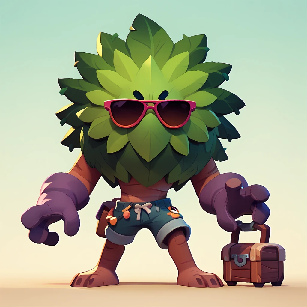 a creature resembles a living tree trunk, wearing sunglasses, wearing shorts and purple gloves