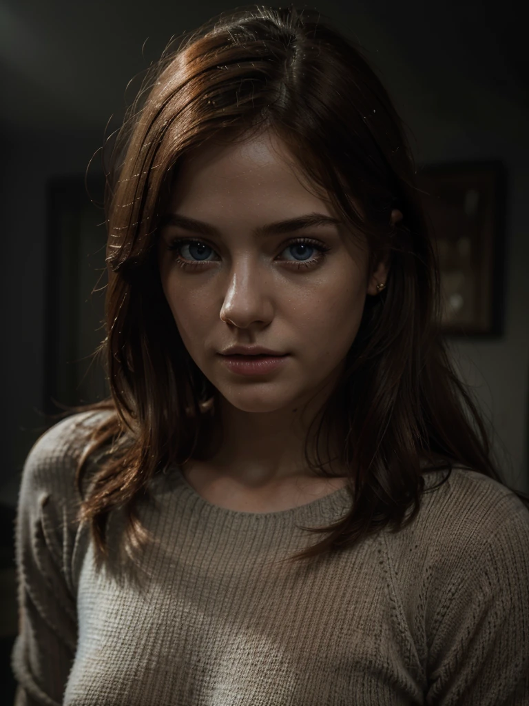 (best quality,4k,8k,highres,masterpiece:1.2),ultra-detailed,(realistic,photorealistic,photo-realistic:1.37),1girl,redhead,blue eyes,beautiful detailed eyes,beautiful detailed lips,extremely detailed face,long eyelashes,transparent sweater,small chin,voluptuous breasts,volumetric lighting,intricate details,cinematic lighting,chiaroscuro,dramatic lighting,moody,atmospheric,muted colors,warm tones
