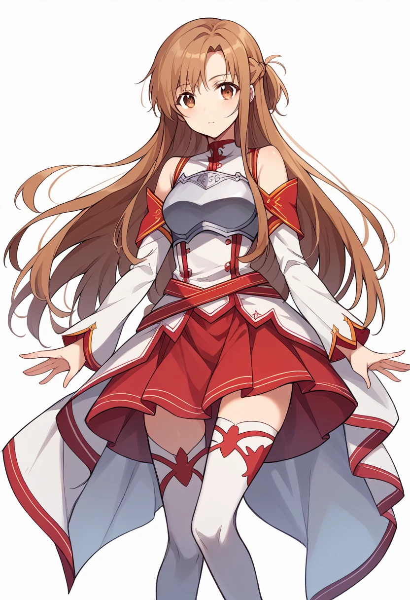 Highest quality、Super detailed、High resolution illustrations、Ultra-high-definition CG、８k size wallpaper、Production Art、Light novel illustrations、asuna yuuki, long hair, brown hair, brown eyes,
skirt, thighhighs, bare shoulders, detached sleeves, armor, white thighhighs, breastplate, red skirt,