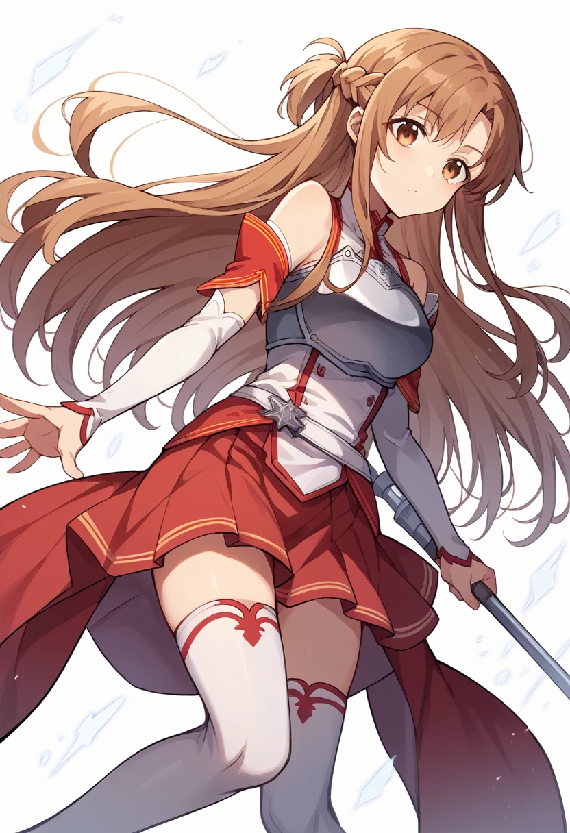 Highest quality、Super detailed、High resolution illustrations、Ultra-high-definition CG、8k size wallpaper、Production Art、Light novel illustrations、asuna yuuki, long hair, brown hair, brown eyes,
skirt, thighhighs, bare shoulders, detached sleeves, armor, white thighhighs, breastplate, red skirt,