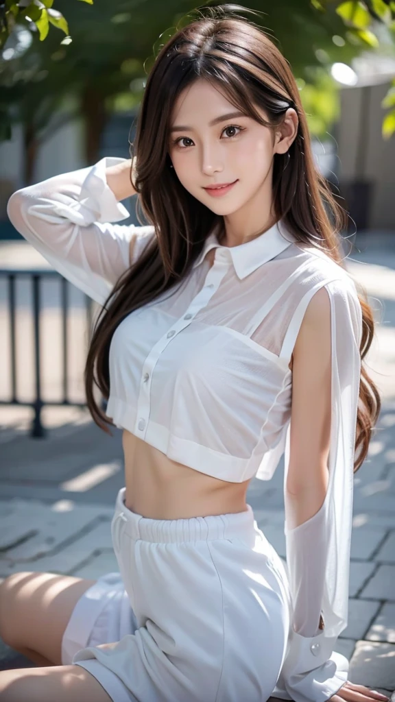 1 girl, solo, long hair, looking at viewer,shy smile, (wearing sheer shirt), without makeup