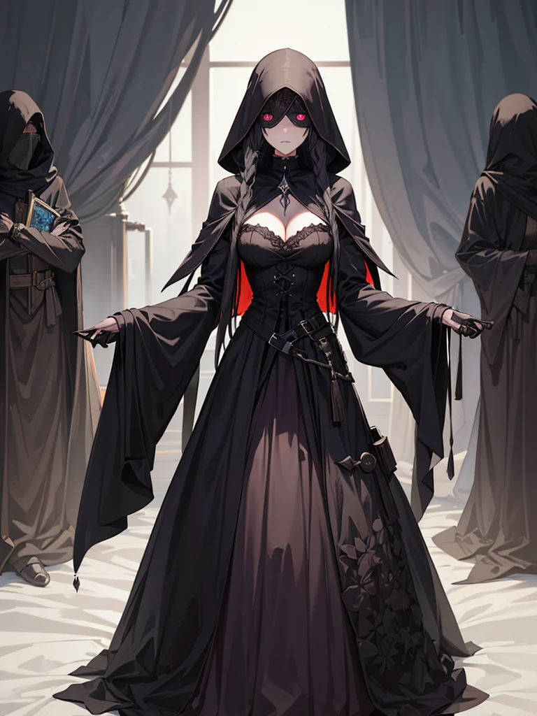 A female plague doctor. She would have totally black, messy hair. Her eyes would also be black and she would be very tall, having the appearance and stature of an adult. Her clothes would cover her entire body except for her face.