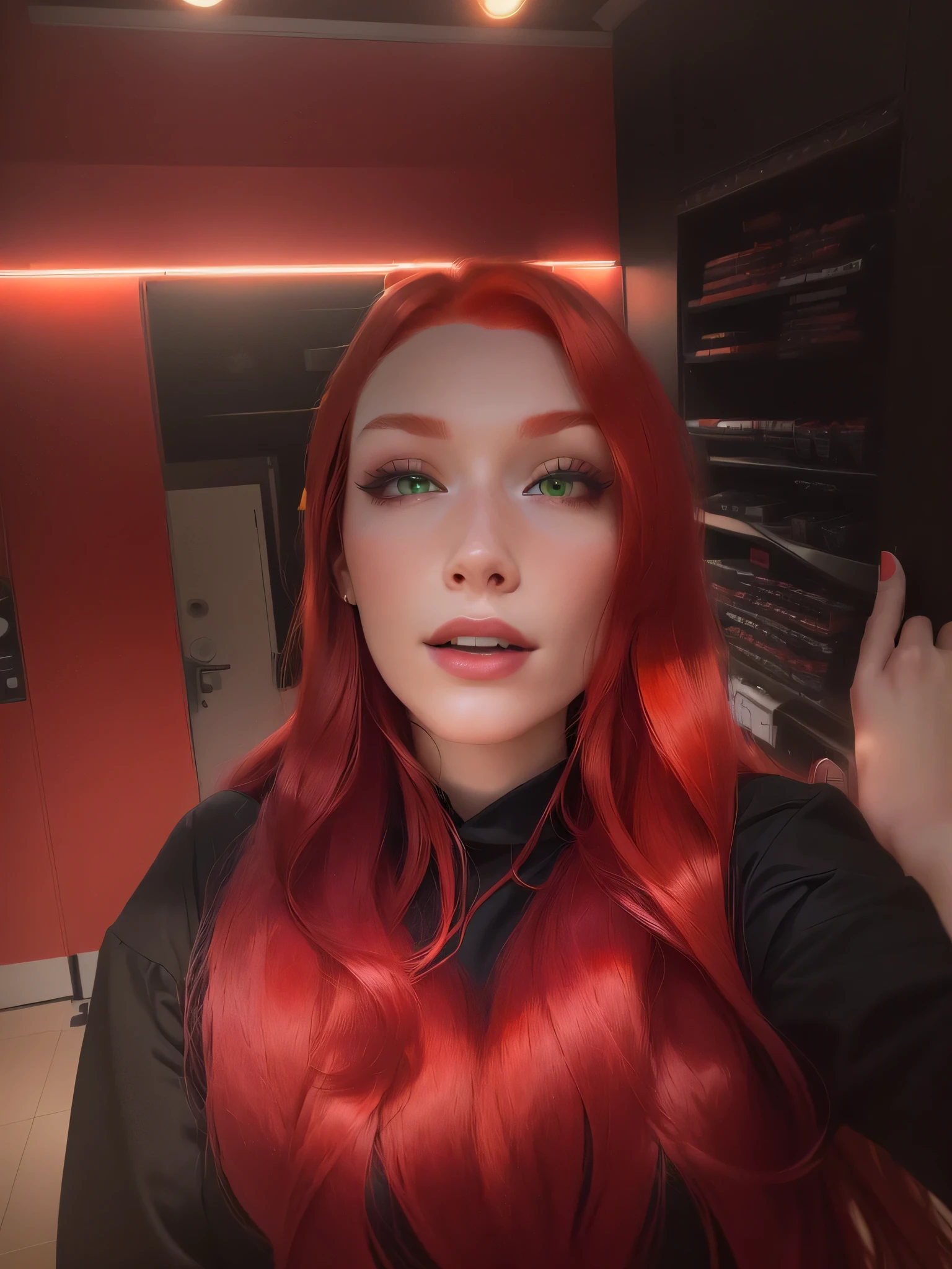 there is a woman with Red hair and a black shirt, with Red hair, frontal photography, 🤤 Portrait of a girl, 8 k selfie photograph, red head, selfie of a young woman, 8 k)), Red hair, with long Red hair, Anna Nikonova, aka Newmilky, red dyed hair, with Red hair and green eyes, The picture is very, very low quality