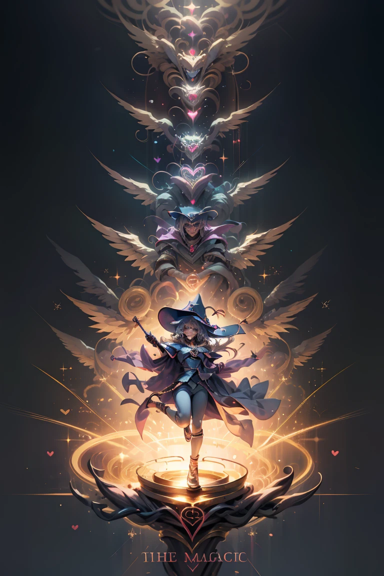 (Masterpiece:1.2), (The best quality:1.2), perfect lighting, Dark Magician Girl casting a spell, smiling. happy. in battle. floating in the air, big and visible tits, wear jeans and heels. transparent neckline, blue robe, big hat, From above, sparkles, Yugioh game, The magic of the heart, romantic heart.