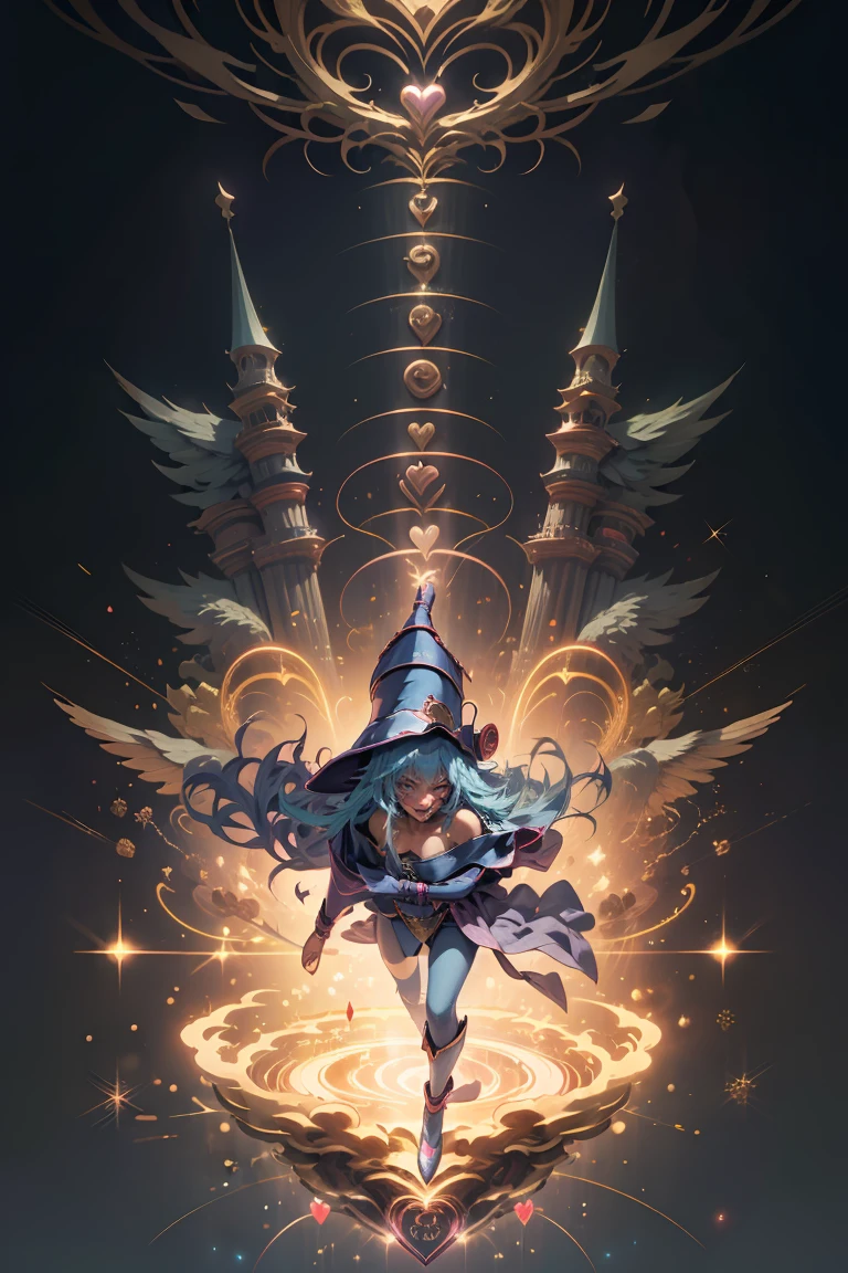 (Masterpiece:1.2), (The best quality:1.2), perfect lighting, Dark Magician Girl casting a spell, smiling. happy. in battle. floating in the air, big and visible tits, wear jeans and heels. transparent neckline, blue robe, big hat, From above, sparkles, Yugioh game, The magic of the heart, romantic heart.