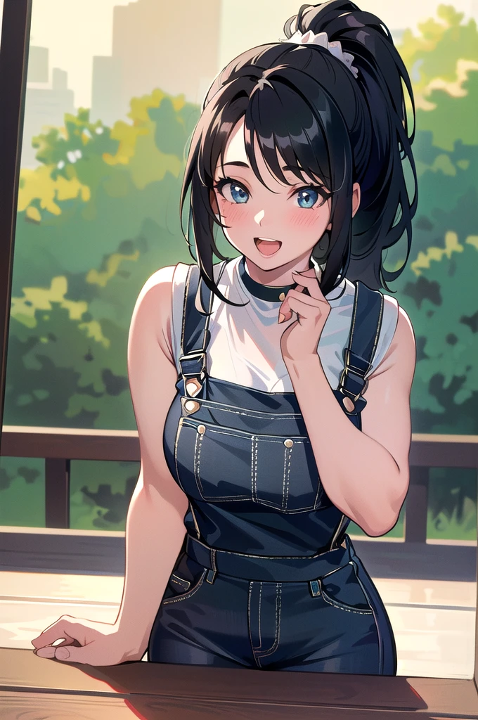 20 years old,1 girl, extremely thick thighs, hyperrealistic, 8k, (extremely detailed 8k), (very delicate and beautiful), (masterpiece), (better quality:1.0), (ultra high resolution:1.0), (masterpiece, best quality), cute,black hair,laugh with open mouth,gleaming skin,overalls,sleeveless,leaning forward,ponytail,upper body,POV