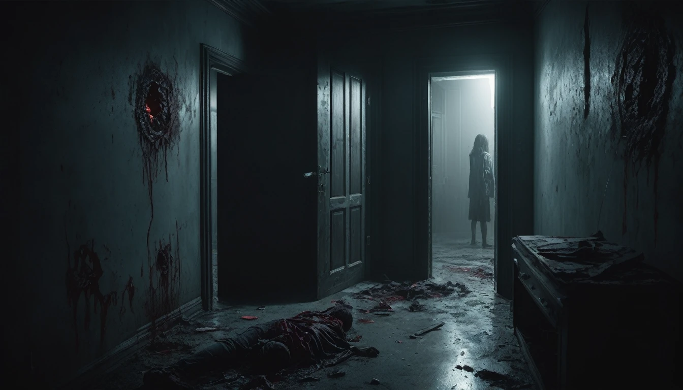 make a room with a dark apocalyptic setting, In this room there is a person looking at the door and wearing a backpack on their back., the door is open and there are 2 rotting zombies with exposed wounds and sinister eyes heading towards the person in the room to attack them..