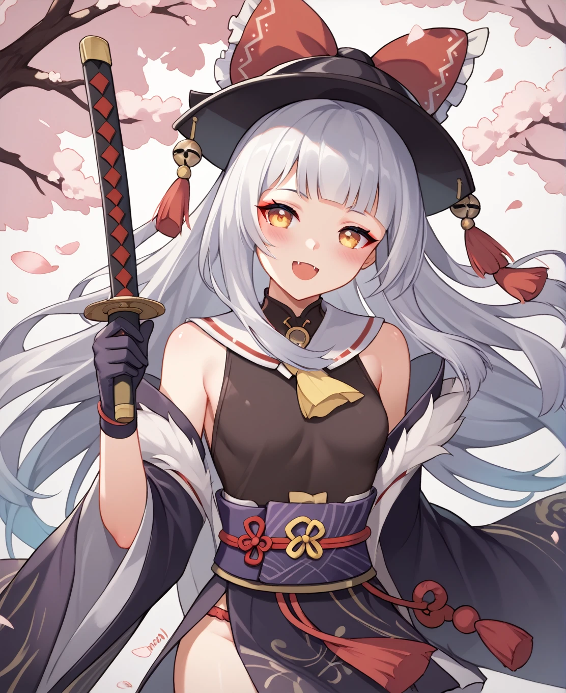 Anime girl with a sword and hat, onmyoji portrait, The Detailed Art of the Onmyoji, onmyoji, From the Azur Lane video game, White-haired God, Katana Zero video game characters, Azur Lane Style, Gap Moe Yandere grimdark, Gap Moe Yandere, Artistic rendering of Reimu Hakurei, April Rendering