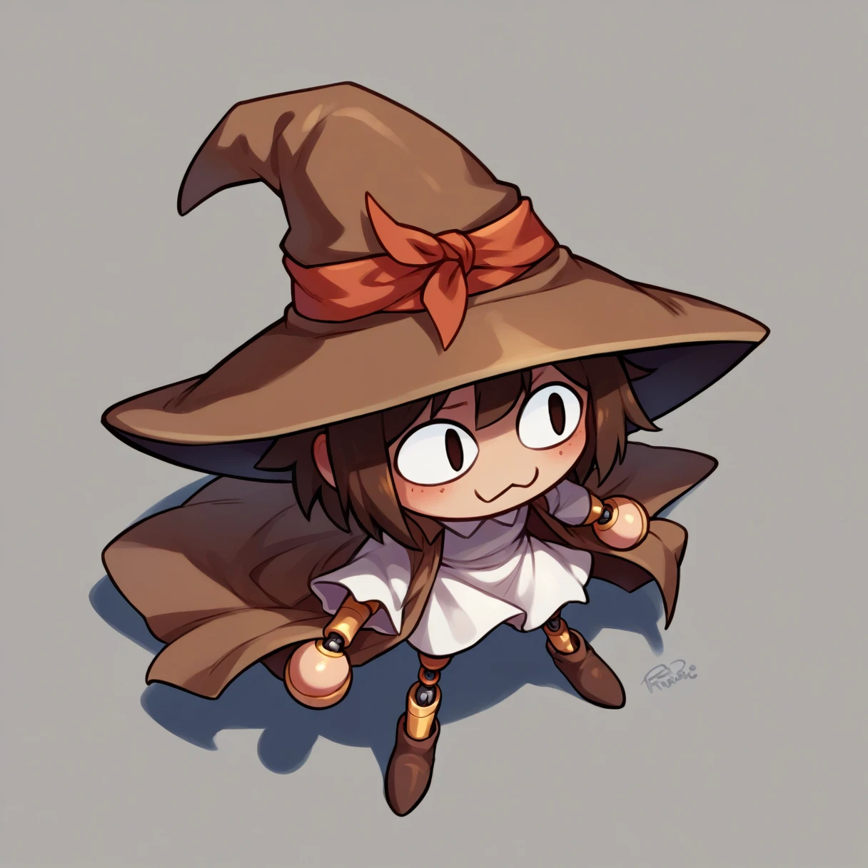 score_9, score_8_above, score_7_above, score_6_above, break simple background,slit paboveils, Chibi, :3,Necoarc, IncrsXLRanos,wavy fur, cracked skin, Additional faces, doll joints,White dress, Witch hat, brown coat,
