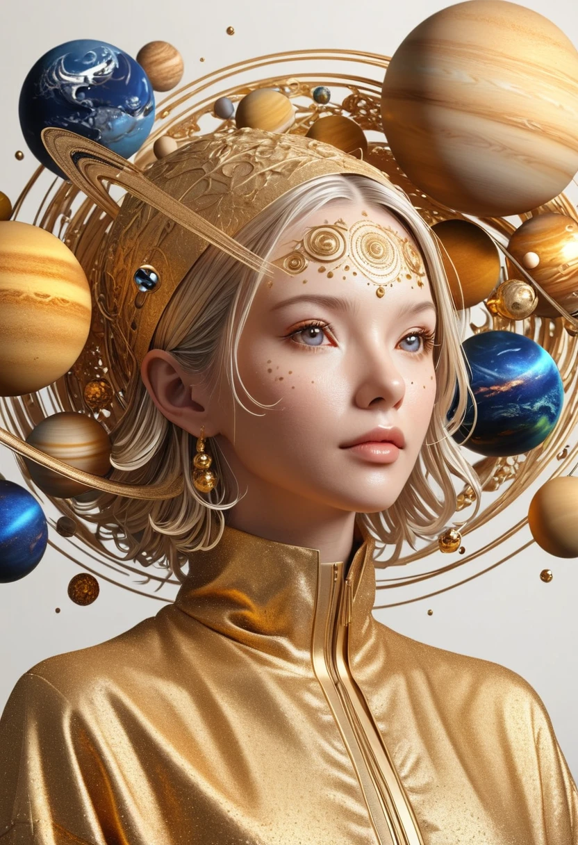 a highly detailed and intricate 3D portrait of a person, golden color, surrounded by many orbiting planets with complex planetary decorations, studio lighting, white background,Simple and clean,Light and Shadow,