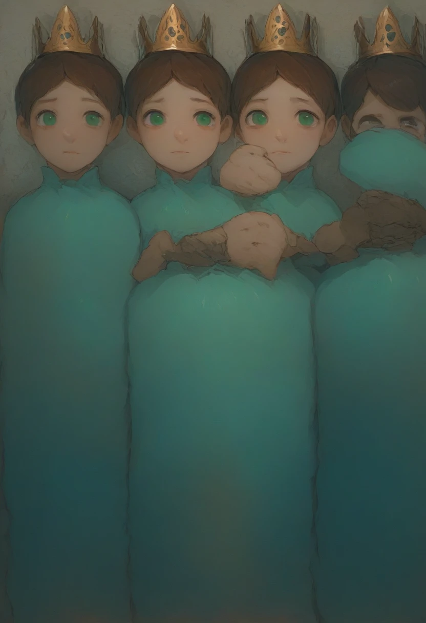 One royalty man sitting on the thrown, brown hair and emerald green eyes, with a crown on . Baby-blue colored attire