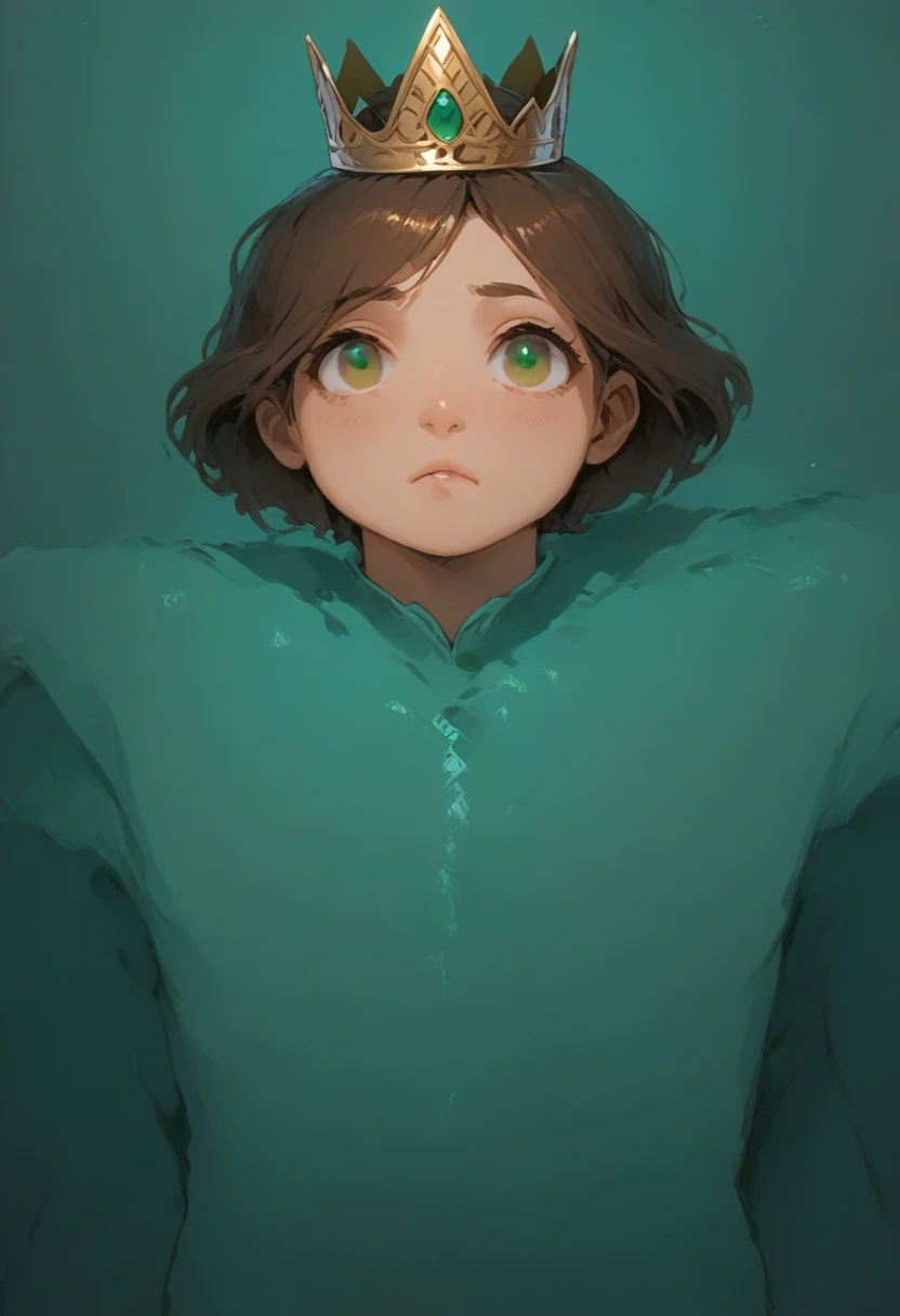 One royalty man sitting on the thrown, brown hair and emerald green eyes, with a crown on . Baby-blue colored attire