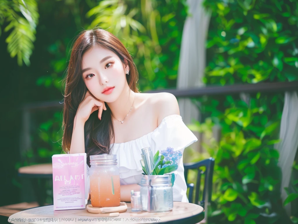 arafed woman sitting at a table with a jar of drinks, photoshoot for skincare brand, fanart, beautiful young korean woman, shot on sony a 7, gorgeous young korean woman, shot in canon 50mm f/1.2, photoshoot, magazine photo, 60mm portrait, ((oversaturated)), cindy avelino