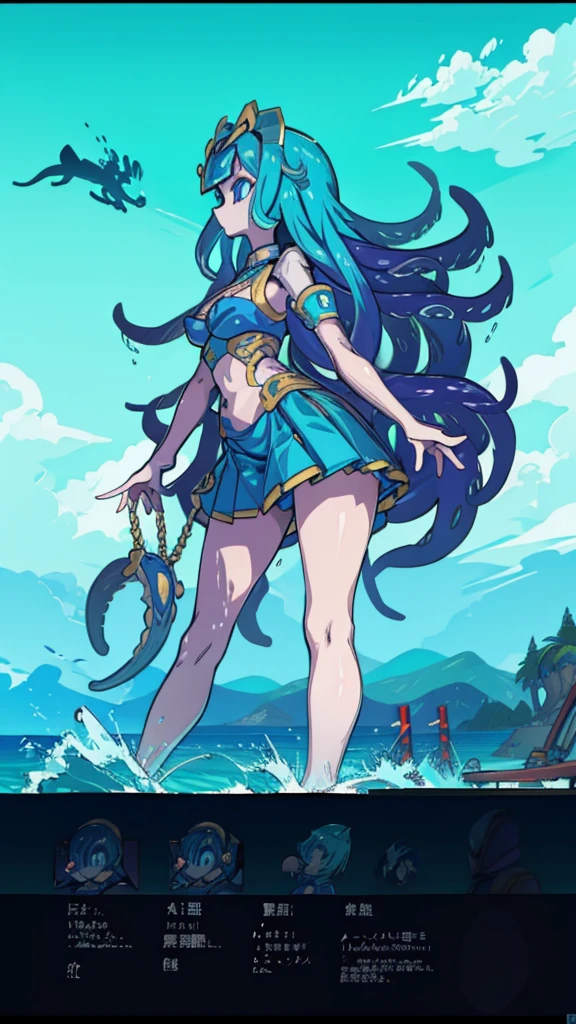 Beach Background，Huge girl，Octopus Girl，Blue Hair，Octopus hair，Tentacle hair，Tentacle Arm，Tentacle hair，Tentacle hair，Suction Cup Hand，Suction Cup Hand，There are no palms，Brachiopod Arm，Octopus hands，Tentacle arm，Octopus Girl，Giant girl，Giant女孩，cute，Giant女孩，Blue Skin，Blue and white skin，Big breasts，Big Ass，Lower body soaked in the sea，几十米高的Huge girl，Octopus Girl，Giant女孩，Giant，Giant，Seaside background，Town Background，High-rise buildings，Street background，Close-up above the waist，Skirt，触手Skirt，章鱼Skirt