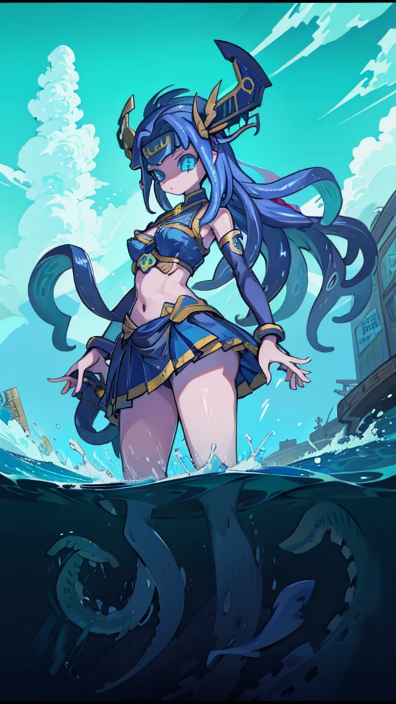 Beach Background，Huge girl，Octopus Girl，Blue Hair，Octopus hair，Tentacle hair，Tentacle Arm，Tentacle hair，Tentacle hair，Suction Cup Hand，Suction Cup Hand，There are no palms，Brachiopod Arm，Octopus hands，Tentacle arm，Octopus Girl，Giant girl，Giant女孩，cute，Giant女孩，Blue Skin，Blue and white skin，Big breasts，Big Ass，Lower body soaked in the sea，几十米高的Huge girl，Octopus Girl，Giant女孩，Giant，Giant，Seaside background，Town Background，High-rise buildings，Street background，Close-up above the waist，Skirt，触手Skirt，章鱼Skirt