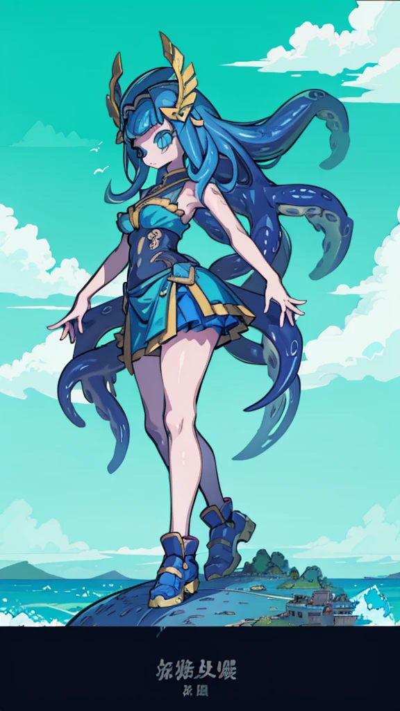 Beach Background，Huge girl，Octopus Girl，Blue Hair，Octopus hair，Tentacle hair，Tentacle Arm，Tentacle hair，Tentacle hair，Suction Cup Hand，Suction Cup Hand，There are no palms，Brachiopod Arm，Octopus hands，Tentacle arm，Octopus Girl，Giant girl，Giant女孩，cute，Giant女孩，Blue Skin，Blue and white skin，Big breasts，Big Ass，Lower body soaked in the sea，几十米高的Huge girl，Octopus Girl，Giant女孩，Giant，Giant，Seaside background，Town Background，High-rise buildings，Street background，Close-up above the waist，Skirt，触手Skirt，章鱼Skirt