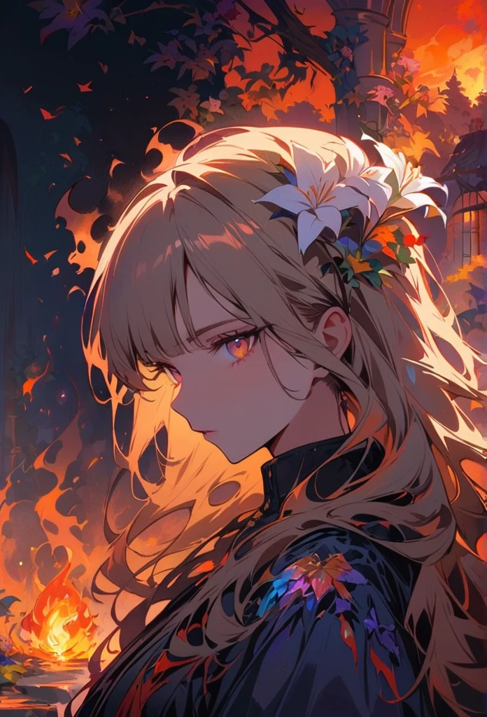 1 Girl, bangs, breathing fire, combustion, Burnt clothes, ember, ahog, beige hair, Colorful hair, fire, fire flame, fire flame剑, (Hold the hilt of a sword in your hand), permanent, Long hair,  Thermal power, Expressionless, cigarette, flower(Symbolism),  Solitary, fireflower, Sunset, twilight, white flower, Molten rock, lily (flower),  fiery flower, Depth of Field, combustion ,