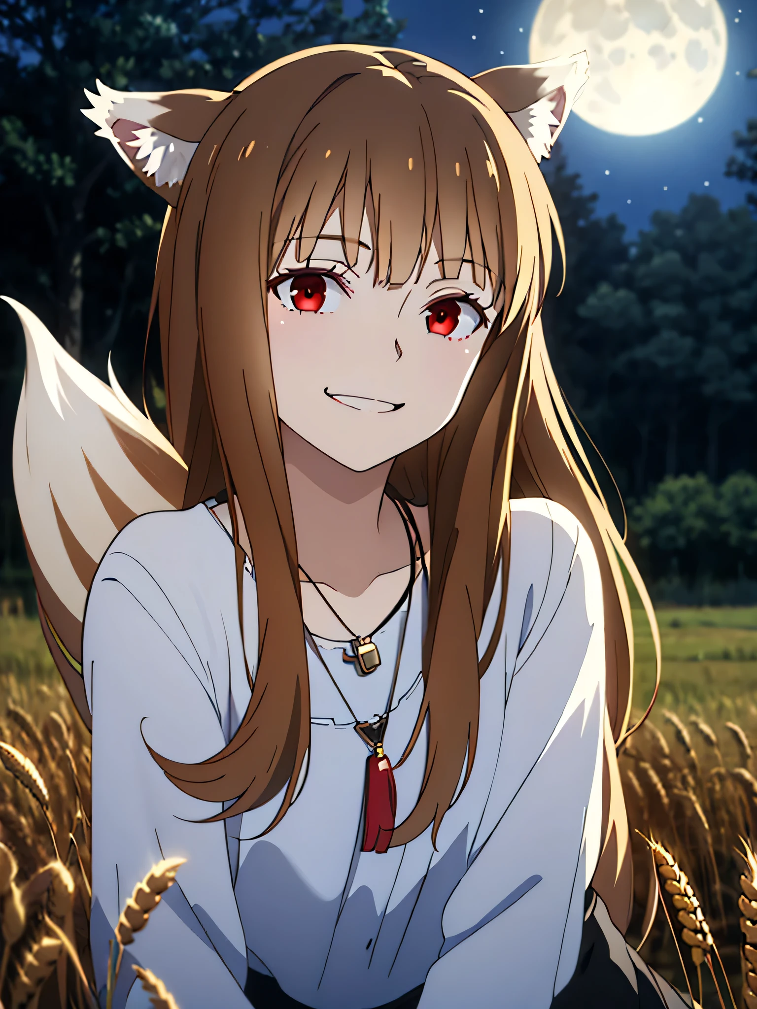 1girl, solo, masterpiece, best quality, illustration, absurdres, cute, film_grain, extremely detailed face, perfect lighting, light smile, full_body, long hair, brown hair, wolf ears, red eyes, wolf tail, necklace, outdoors, plains, wheat, starry night, moonlight, makoto shinkai style