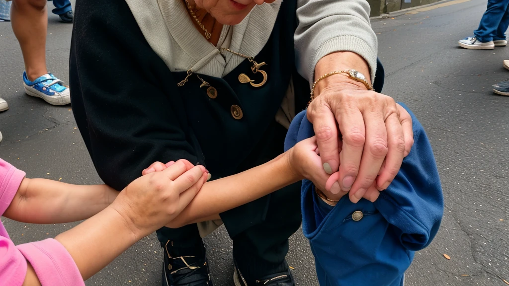 On the street, a rich, elderly woman holding the hand of a poor, dirty 8-year-old boy
